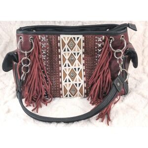 Western Fringe Studded Handbag Aztec Boho Shoulder Bag Burgundy Black